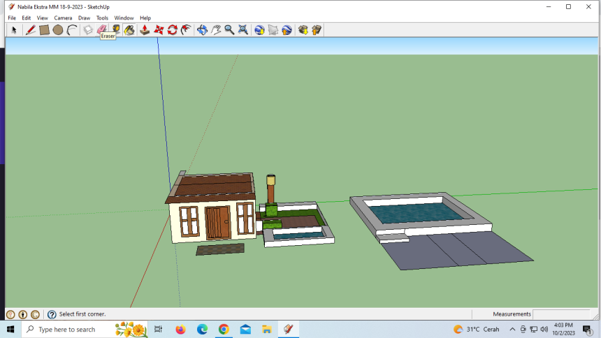 rumah sederhana dengan taman dan kolam renang